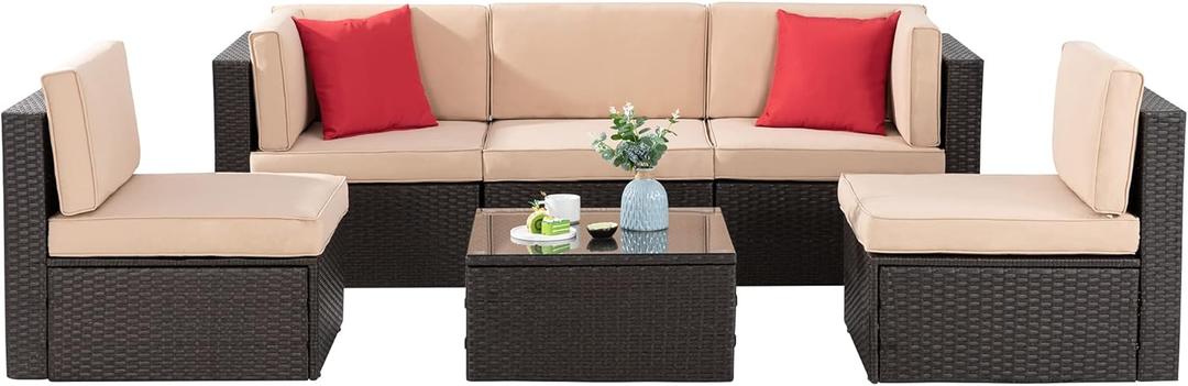 Shintenchi 6 Pieces Patio Furniture Sets Outdoor All-Weather Sectional Patio Sofa Set PE Rattan Manual Weaving Wicker Patio Conversation Set with Glass Table & Ottoman Cushion and Red Pillows, Beige