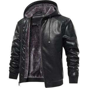 MANSDOUR Men's Faux Leather Jacket Warm Black Fleece Lined Motorcycle Bomber Jacket with Hood, Large 