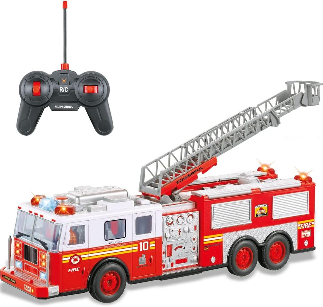 Liberty Imports RC Fire Truck - Big Remote Control Toy Fire Truck - 14" Rescue Fire Engine with Flashing Lights and Siren Sounds, Extendable Rescue Ladder for Kids