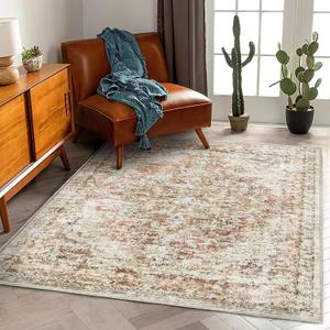 Washable Area Rug 3'x5' Vintage Traditional Floor Cover Foldable Thin Rugs Retro Kitchen Indoor Distressed Non Slip Carpet Floral Print Mat Bedroom Living Room (Rust-colored Vintage Flowers)
