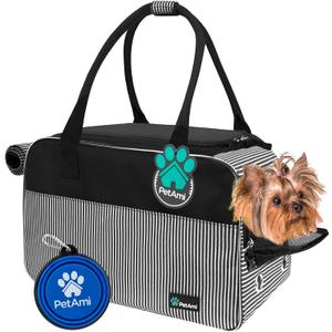 PetAmi Dog Purse Carrier for Small Dogs, Airline Approved Soft Sided Pet Carrier with Pockets, Ventilated Dog Carrying Bag for Puppy Cat, Dog Travel Supplies Bag, Sherpa Bed, Max 12 lbs, Stripe Black (One Size (Pack of 1))