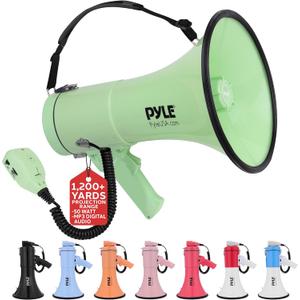 Pyle 50W Megaphone Bullhorn - Portable, Automatic Siren & Adjustable Volume, Projection Range Up to 1200 Square Yards, Aux Input, Talk, Siren, Music, Whistle, & Record, Shoulder Strap (Black) (Green)