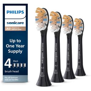 Philips Sonicare A3 All-in-One - Genuine Replacement Electric Toothbrush Heads, Black, 4 Pack One Year Supply, HX9094/95