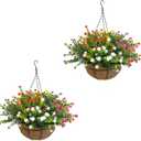 Artificial Hanging Plants Flowers with Basket 2 Packs, Artificial Hanging Flowers for Outdoors, Faux Hanging Plants Outdoor, Yellow+Purple+White+Orange+Pink+Red