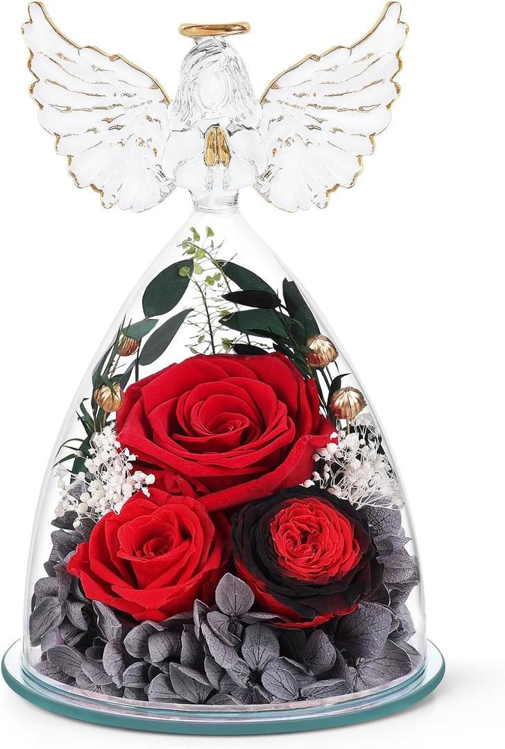 FIACO Gifts for Women Preserved Rose Forever Flower in Glass Angel Figurine Fresh Flowers for Delivery Mothers Day Birthday Gifts for Mom Grandma Wife Sister Red (S Red Roses, Austin, Baby's Breath, Hydrangeas)