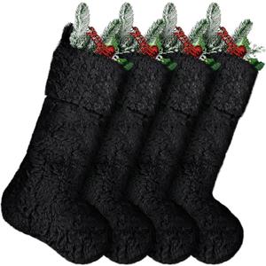 4 Pcs 19 Inch Christmas Stocking Faux Fur Christmas Stockings Large Plush Merry Christmas Fireplace Hanging Stocking Treat Stocking Gift Bag for Christmas Holiday Xmas Home Decor(Black)