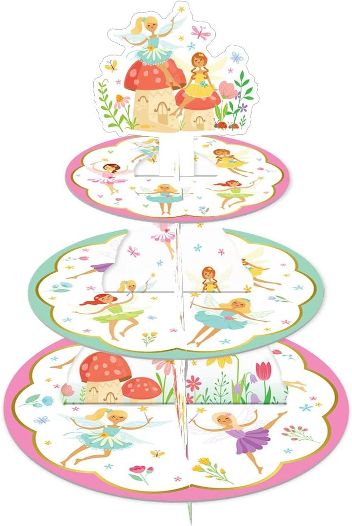 3 Tier Fairy Cupcake Stand, Dessert Tray Stand Cake Tower, Pixie Themed Birthday Anniversary Party Decoration Supplies