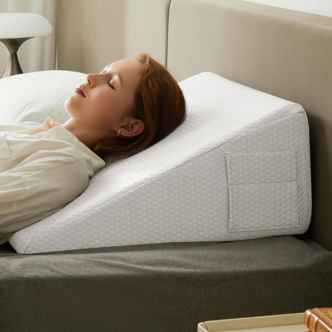 Wedge Pillow for Sleeping, 10 inch Elevated Support Bed Wedge Pillow, Breathable Triangle Pillow Wedge with Cooling Memory Foam Top - Removable Washable Cover, White