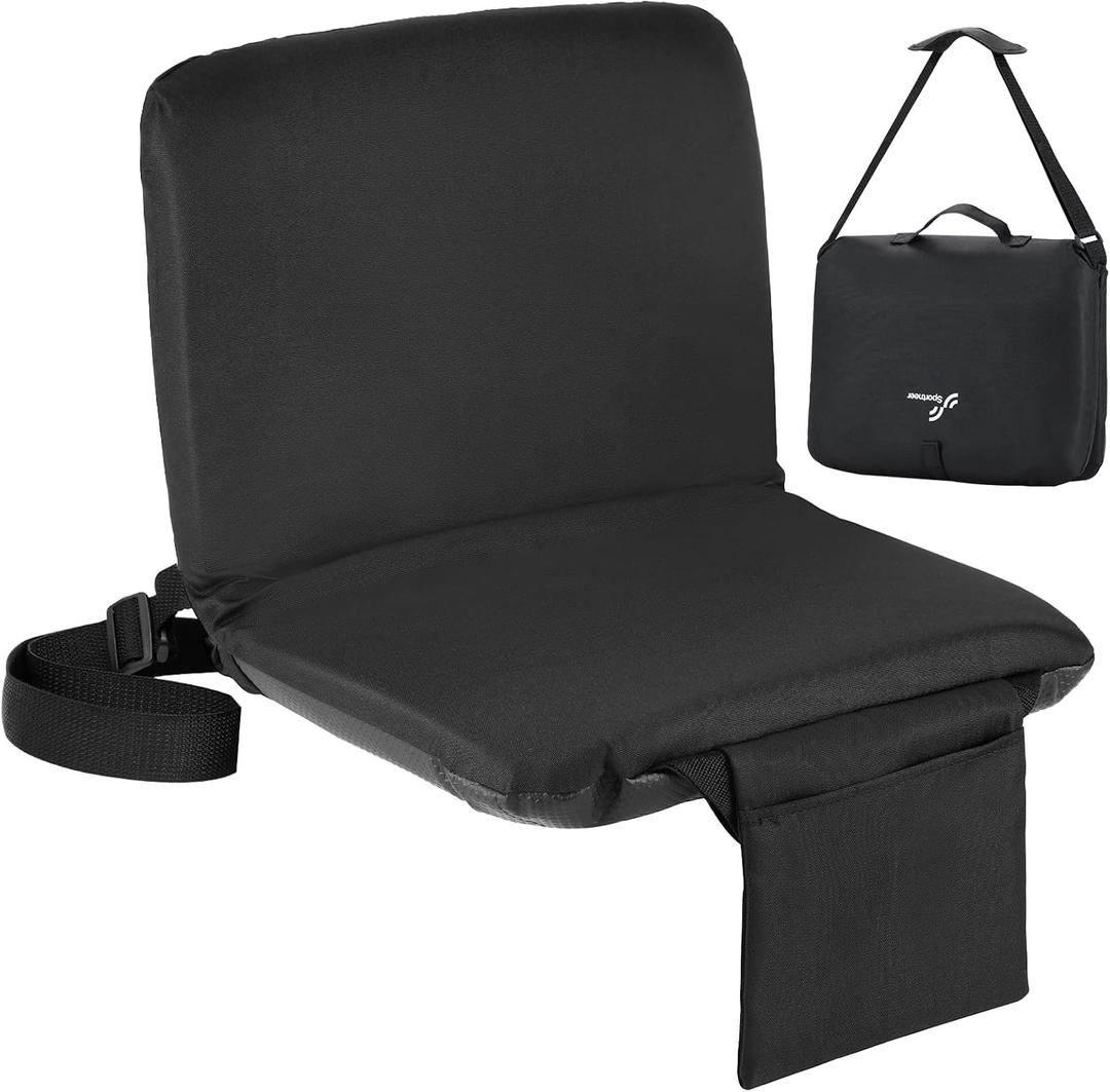 Sportneer Stadium Seats with Back Support: 6 Reclining Position Folding Bleacher Chairs with Back and Cushion - Padded Bleacher Seats with Shoulder Strap & Storage pocket for Events, Outdoors, Camping (17"x11.8"x14", Black)