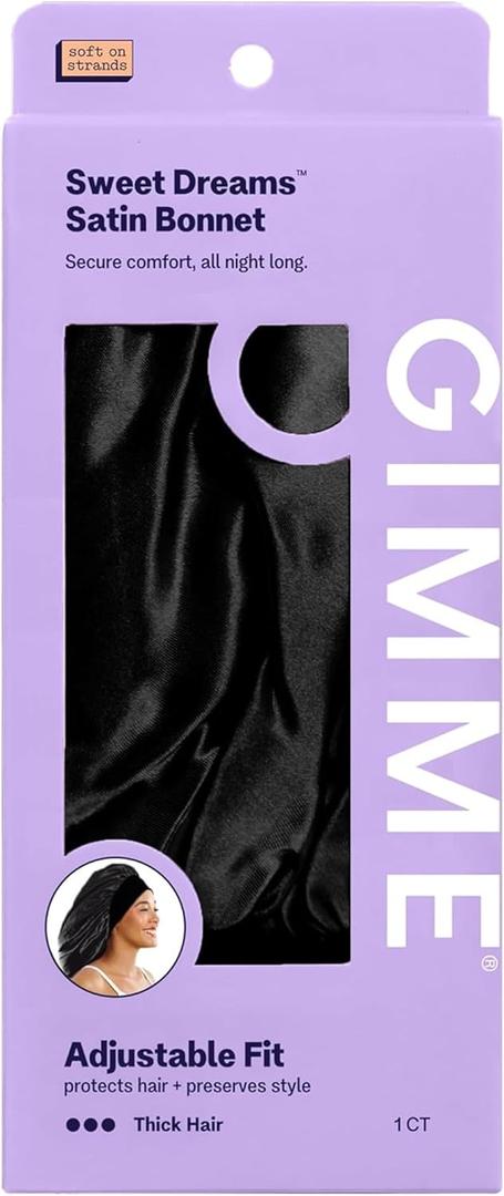 GIMME Beauty Sweet Dreams Satin Bonnet - Ultra-Soft Sleep Bonnet - Smooth & Frizz-Free Hair - Breathable Satin with Stretchy Band - Compatible with Heatless Curlers - Thick Hair, Black, 1 Count