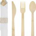 100Pack Pre Rolled Bamboo Utensils - Pre Rolled Bamboo Cutlery Set(100 Forks, 100 Knives, 100 Spoons, 100 Napkins), Wrapped Wooden Cutlery, Biodegradable Wrapped Cutlery for Party, Wedding, Events