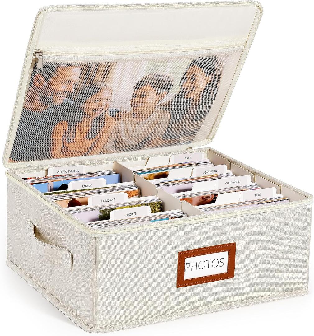 HULISEN Photo Storage Box with Lid & Dividers, Linen Photo Organizer for up to 2000 4x6 Pictures, Keepsake Memory Box with Side Handle for Family, Wedding & Baby Photos, Cards, Scrapbook