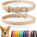 CollarDirect Reflective Rolled Leather Dog Collar, Soft Padded Round Puppy Collar, Handmade Genuine Leather Collar Dog Small Large Cat Collars 13 Colors (11-14 Inch, Beige Smooth)