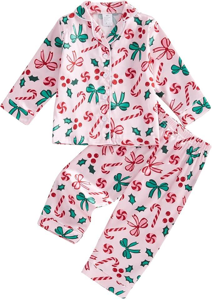 Fyclemt Toddler Baby Girl Boy Christmas Silk Satin Pajamas Set Santa Button Down Pjs Kids Long Sleeve Shirt Pants Xmas Pjs Sleepwear (Pink Cute Bow Candy Cane, 3-4 Years) 100