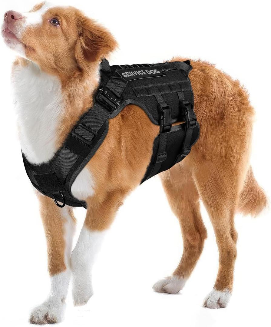 PETNANNY Tactical Service Dog Vest - No-Pull Emotional Support Harness with Hook & Loop Patches & Molle System for Training & Hunting (Black, Large)