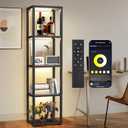 OUTON 67" Glass Display Shelf with Dimmable LED Floor Lamp, Collectibles Display Cabinet with Remote & App Control, 5 Tier Open Bookshelf Lamp for Living Room, Bedroom, Office, Home Decor, Black