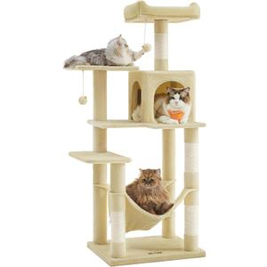 Feandrea Cat Tree, 55.1-Inch Cat Tower, Plush Multi-Level Condo with 4 Scratching Posts, 2 Perches, Hammock, Cave, Beige UPCT161M01