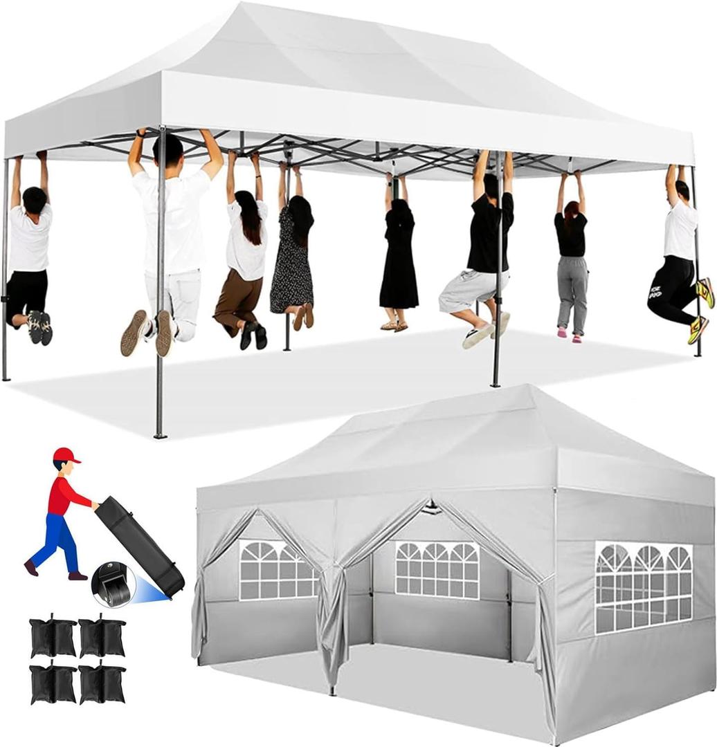 COBIZI 10x20 Heavy Duty Pop Up Canopy Tent with 6 Sidewalls, All Weather Wind Waterproof Outdoor Party Tents for Parties Commercial Wedding Canopy Gazebo with Roller Bag, White