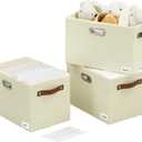 Large 3-Pack Foldable Fabric Storage Bins with Durable PU & Metal Handles, Collapsible Storage Baskets for Shelves, Home Storage, Closet Organizers, Living Room(14.9"x9.8"x9.8", Beige)