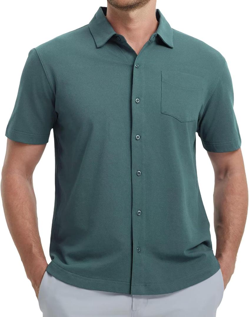 VEBOON Men's Short Sleeve Button Down Shirts Cotton Lightweight Stretch Moisture Wicking Dress Shirt with Pocket (L)