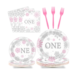 Winter Onederland 1st Birthday Themed Tableware - Snowflake One Plates, Napkins for Baby Girls First Birthday - Disposable Paper Party Decorations Supplies Favors for 24 Guests