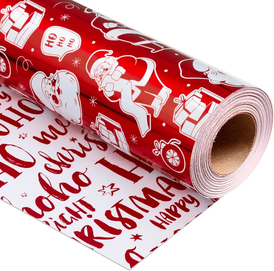 Yarcony Reversible Christmas Wrapping Paper Roll,Red Wrapping Paper, Metallic Foil Red Santa, HOHO Pattern Holiday Gift Wrap Paper for Christmas, Party, Celebration, New Year (17 Inch X 33 Feet)