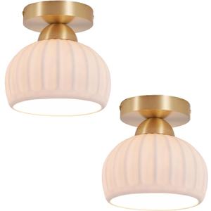 2 Pack Brass Gold Ceramic Semi Flush Mount Ceiling Lights Vintage Gold Hallway Light Fixtures, Mid Century Modern Small Ceiling Mount Lamp Light Fixture for Kitchen Laundry Room Entryway Foyer