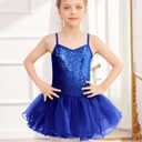 Zaclotre Little Girls Sequin Leotard Sparkly Strap Ballet Leotards Tutu Dress Ballerina Outfit Dance Costume for Kids Royal Blue Size 8-9 Years