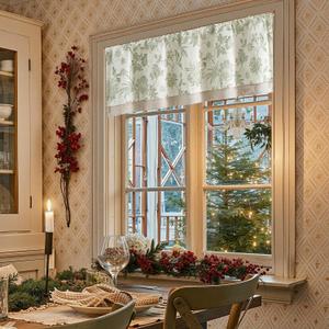 jinchan Floral Valance Curtain Linen Kitchen Valance for Windows 16 Inch Farmhouse Blackout Green Floral Short Window Treatment for Living Room 1 Panel Rod Pocket Double Layer Sage on Beige