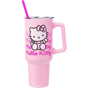 Silver Buffalo Sanrio Hello Kitty Waving Double Walled Stainless Steel Tumbler with Handle and Straw, Fits in Standard Cup Holder, 40 Ounces
