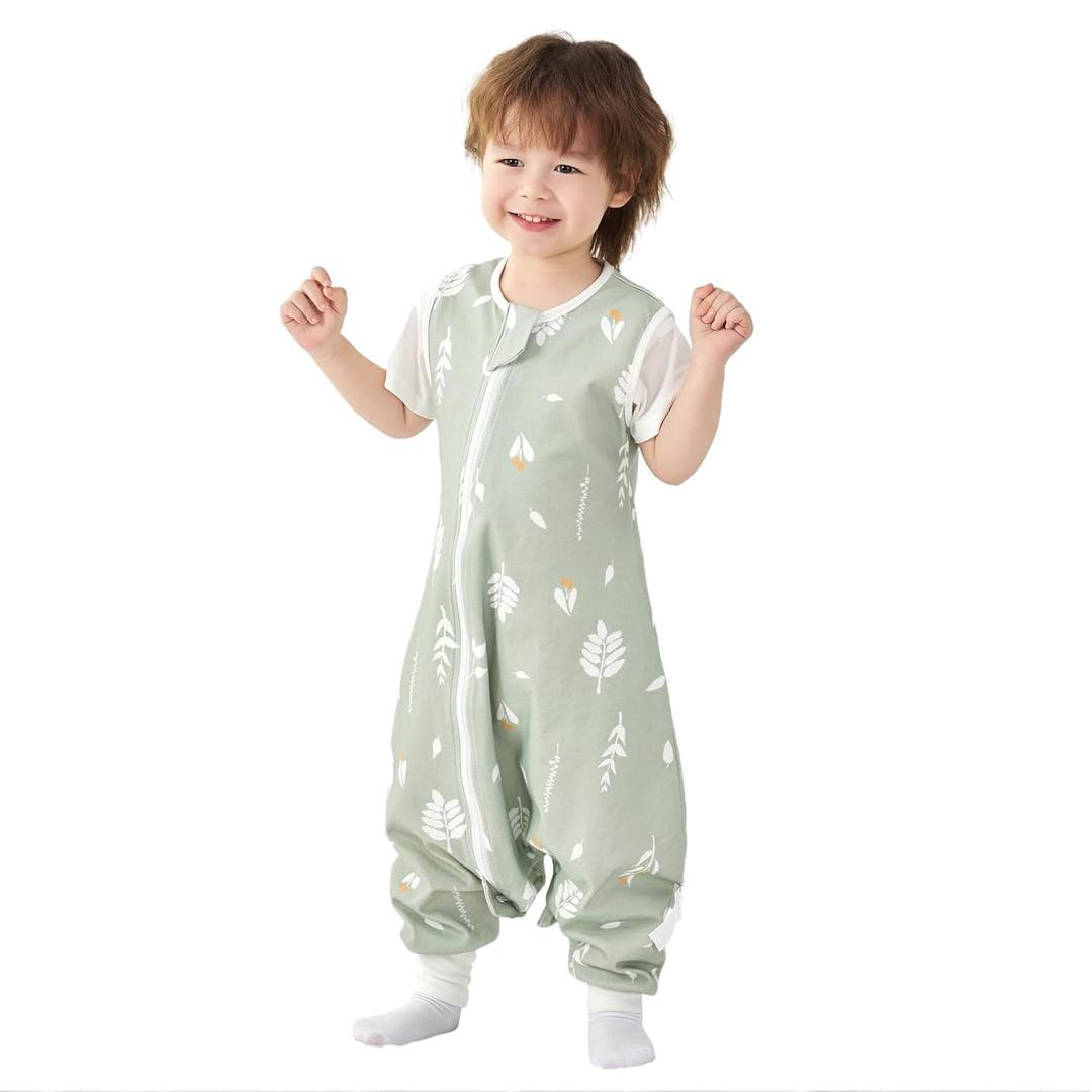 Super Soft 0.5 TOG Sleep Sack with Legs, 100% Organic Cotton Side Open Lightweight Toddler Sleep Sack with Feet, Foliage, Size L