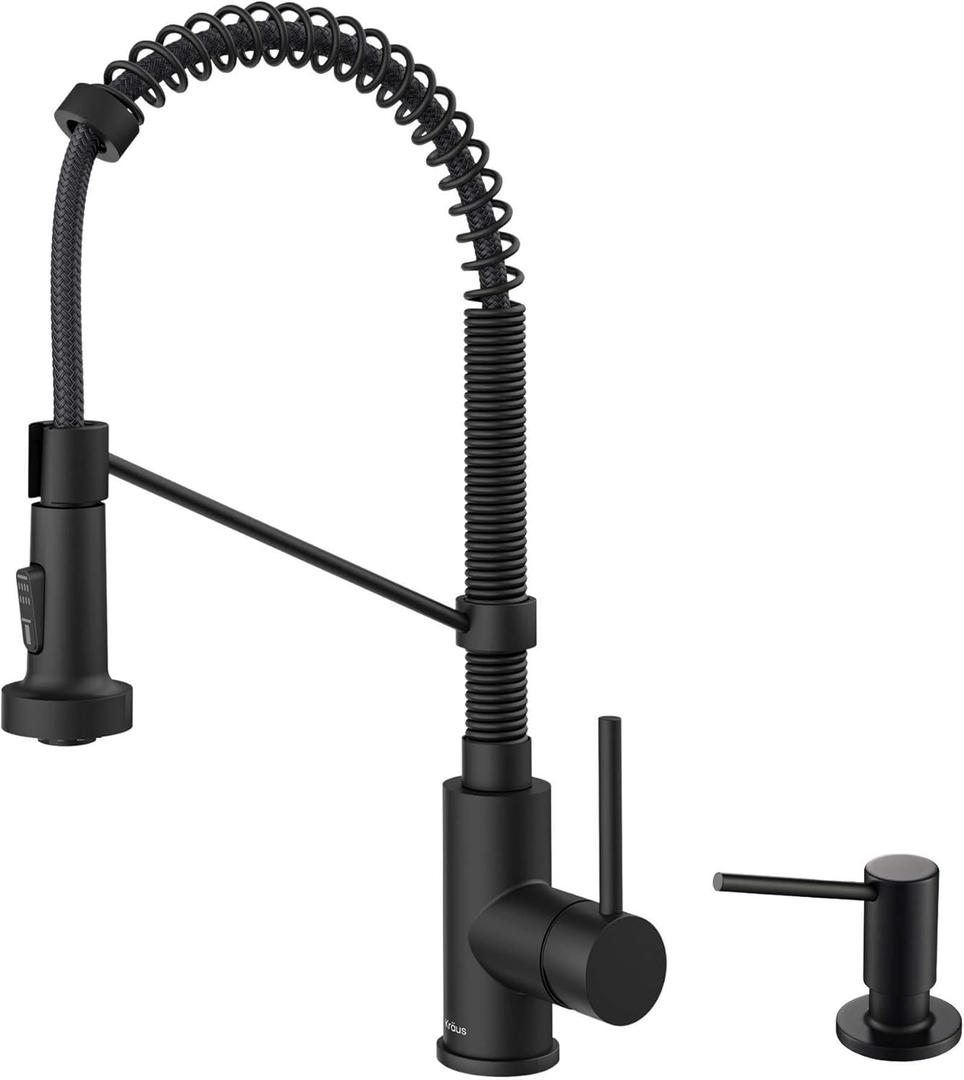 KRAUS Bolden 18-Inch Single Handle Commercial Style Pull-Down Kitchen Faucet with Soap Dispenser in Matte Black, KPF-1610MB-KSD-43MB