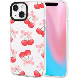 ChiCsFleur for iPhone 13 / iPhone 14 Case, TPU Phone case with Camera Protection for Women Girls Teens - Red Cherry Pink Artsy Coquette Bow Heart Clear Fruit Sorority Aesthetic Unique