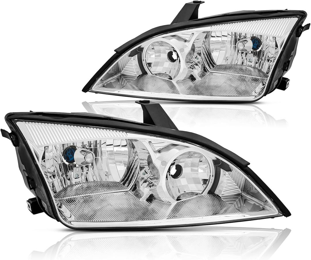 Headlights Assembly Pair Compatible with 2005 2006 2007 Ford Focus ZX3 ZX4 ZX5 SE ST Halogen Headlamps Replacement Driver and Passenger Side,Chrome Housing Clear Reflector