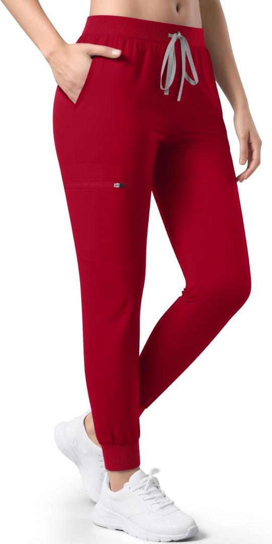 Women's Medical Scrub Pants, Soft Jogger Pant Scrub Bottoms with Zip Pocket Drawstring Mid-Rise Yoga Slim Cargo Pants Red