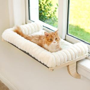 Cloud-Soft Cat Window Sill Perch with Zipper Designed Cushioned Bed, Supportive Cat Window Seat with Premium Solid Wood & Sturdy Metal Frame, Pet Hammock Bed for Large Cats (Medium, White) (Medium(21.7''x15''))