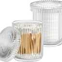 Pack of 2 Glass Qtip Holder with Lid,Bathroom Organizer and Storage Jars - Apothecary Jars for Cotton Balls, Cotton Swabs,Pads,Floss Picks,Vanity Organizer,Bathroom Accessories and Countertop Storage Canisters (Clear)
