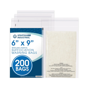 partan Industrial - 6” X 9” (200 Count) Self Seal Clear Poly Bags with Suffocation Warning for Packaging, T Shirts & Shipping- Resealable Glue