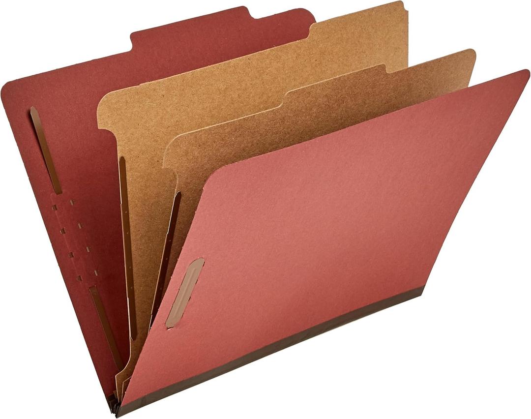 Amazon Basics Classification Folder with Prongs, Pressboard, 2 Dividers, 2-Inch Expansion, Letter Size, Red, Pack of 10, for Organizing Documents