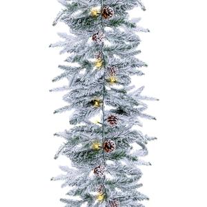 Ciaell 9FT Real Touch Christmas Flocked Garland - Artificial Norfolk Pine Flocked Garland with 50 Warm White LED Lights and Pine Cones for Table, Mantle, Wall, Indoor, Outdoor Christmas Decorations