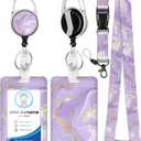 ID Badge Holder with Lanyard and Retractable Badge Reel Clip, Marble Card Name Tag Lanyard Vertical ID Protector Badge Clips for Women Nurse Nursing Doctor Teacher Student Purple