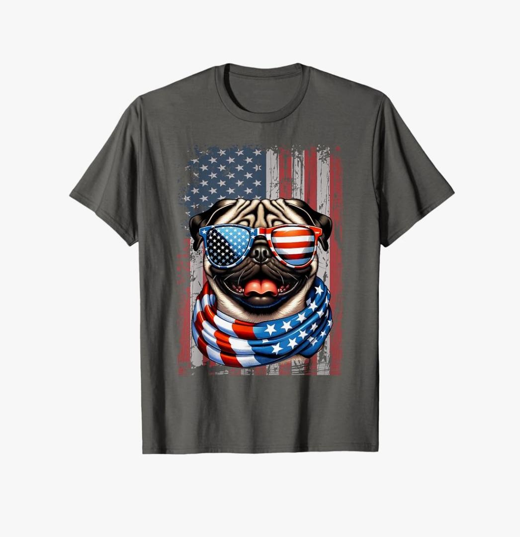Pug Dog Lover US Flag 4th Of July Patriotic T-Shirt, M