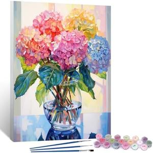 HIVIEW Paint by Numbers for Adults Framed Canvas ，with Brushes and Acrylic Pigment 9x12 inch-Colorful Hydrangea(Include Framed)