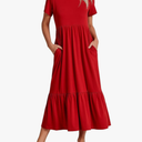 HUSKARY Womens 2025 Summer Casual Maxi Dress A line Tiered Flowy Short Sleeve Crewneck T Shirt Beach Travel Long Dresses, Medium