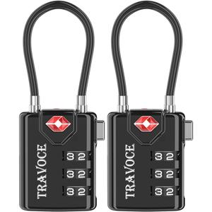 TRAVOCE TSA Approved Luggage Locks - Heavy Duty 3 Digit Combination Cable Lock, Search Alert for Suitcases, Backpacks, Golf Bags, Tents, Violin and Camera Cases, 2 Pack, Black (1.4*0.72*3.54 in)