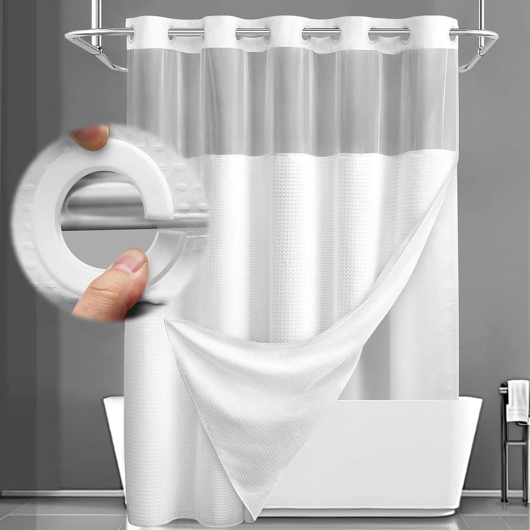 No Hook Shower Curtain and Liner Set,White Hotel Waffle Shower Curtain with Liner 81" L x 72" W