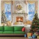 Christmas Fireplace Photo Backdrop 8x6FT Winter Snow Scenery Xmas Trees White Fireplace Background for Family Winter Holiday Christmas Party Decorations Supplies Portrait Photo Props
