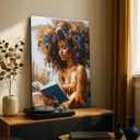 Framed Canvas Wall Art Reading Black Women Painting Print Abstract Poster Gallery Style Modern Figurative Picture 16x24 Inch Ready To Hang