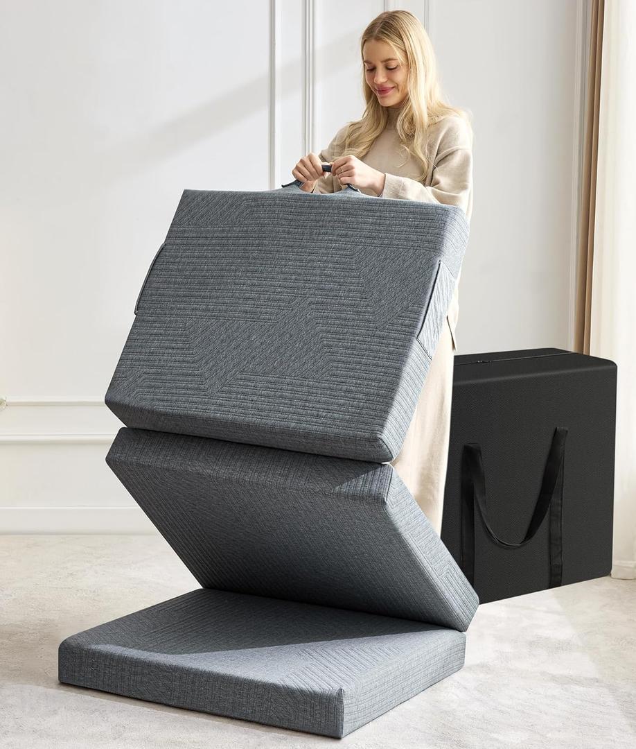 BDEUS Tri-Fold 4" Memory Foam Mattress - Single Size Portable Bed, Foldable Floor Mat for Adults & Kids, Washable CertiPUR-US Certified Cover, Lightweight for Travel/Camping/Yoga (Grey)