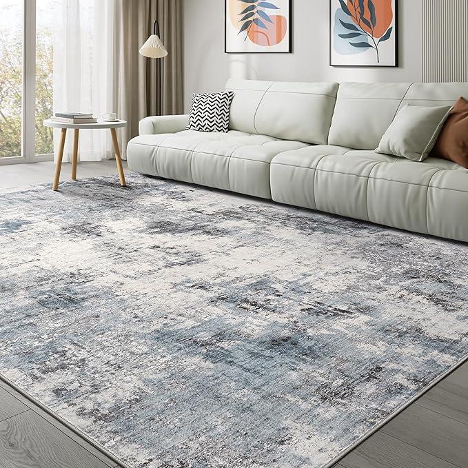 Washable Rug 9x12 Area Rugs for Living Room: Modern Abstract Neutral Soft Carpet for Bedroom Dining Room Under Kitchen Table Home Office Decor - Grey Blue